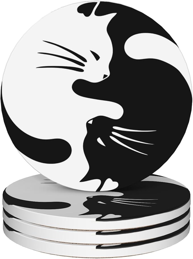 Coasters for Drinks,Black and White Cat Ying Yang Absorbent Coaster Set of 4 with Cork Base,Ceramic Drink Coasters for Cold Drinks Wine Glasses Cups Mugs,Housewarming Gifts for Home Decor