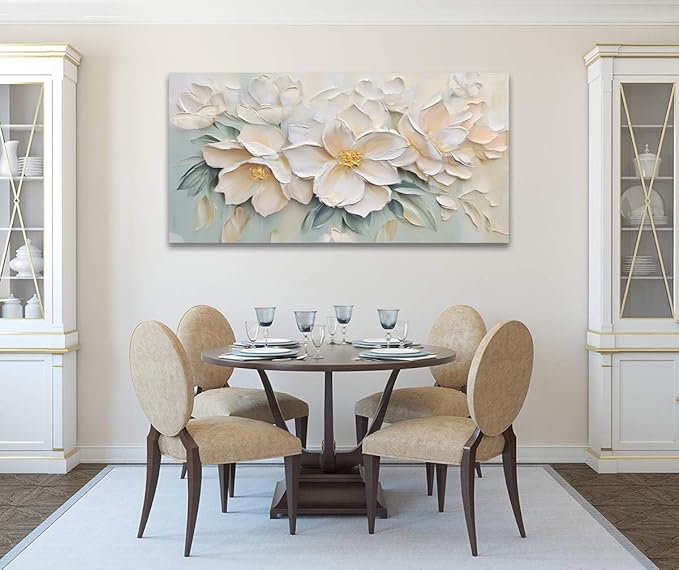 Anolyfi White Textured Flowers Canvas Wall Art for Living Room, Modern Aesthetic Picture Sage Florals Painting Wall Decor, Large Artwork for Hallway Bedroom Office Home Decor 48"x24"
