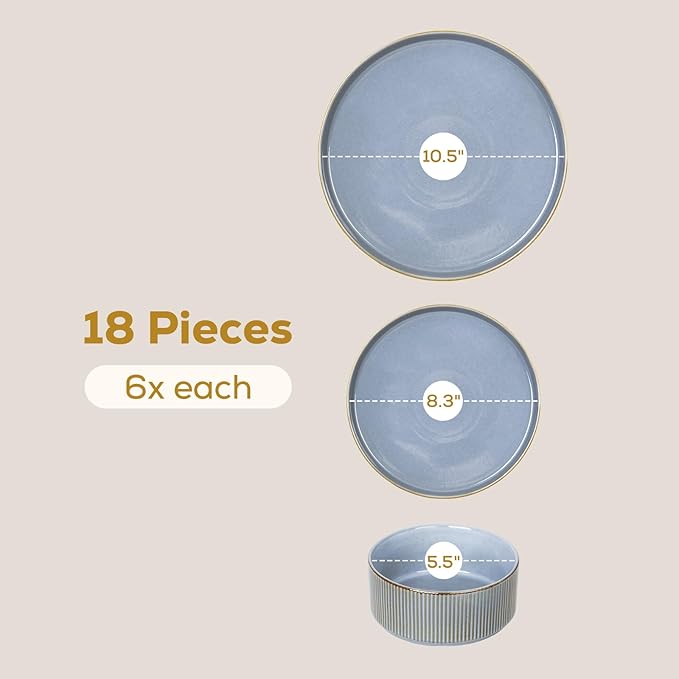Romswi Stoneware Dinnerware Sets 18Pcs, Ceramic Plates and Bowls Set for 6, Chip & Scratch Resistant Ribbed Dish Set, Handmade Reactive Glaze, Oven, Microwave & Dishwasher Safe, Gray Blue