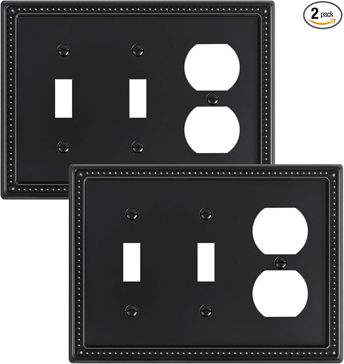 2-Pack Combo Duplex/Double Toggle Light Switch Cover Plate, Black Pearls Decorative Switch Plates and Outlet Covers, Metal Wall Plates for Electrical Outlets