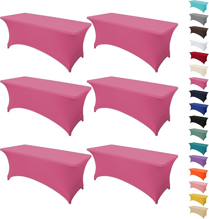 6Pack 8FT Table Cloth for Rectangular Fitted Events Stretch Purplish Red Table Covers Washable Spandex Tablecloth Protector for Party, Wedding, Cocktail, Banquet, Festival