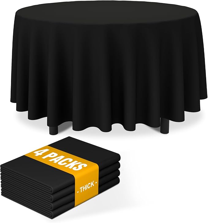 Smiry 4 Pack Round Table Cloth, Waterproof Anti-Scratch Polyester Tablecloth, Decorative Washable Fabric Table Cover for Dining, Buffet, Parties and Outdoor, 60x60, Black