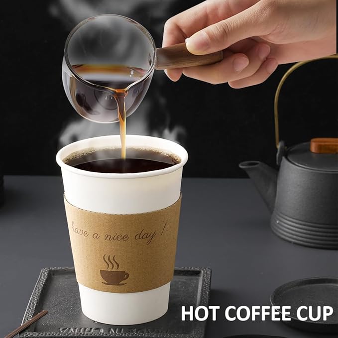 100 pack 12 oz Disposable Thickened Coffee Cups with Lids, Scald Resistant Hot Cup with Sleeve and Straw, To Go Coffee Cups for Home, Office, Cafes and Party (White 12oz)