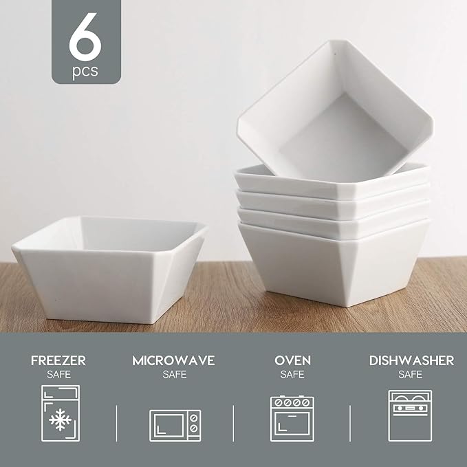 Porcelain Cereal Bowls, 16 oz Square Serving Bowls Set, 5 Inch White Ceramic Bowls for Salad, Soup, Snack, Dessert and Marmalade, Dishwasher & Microwave Safe, Set of 6