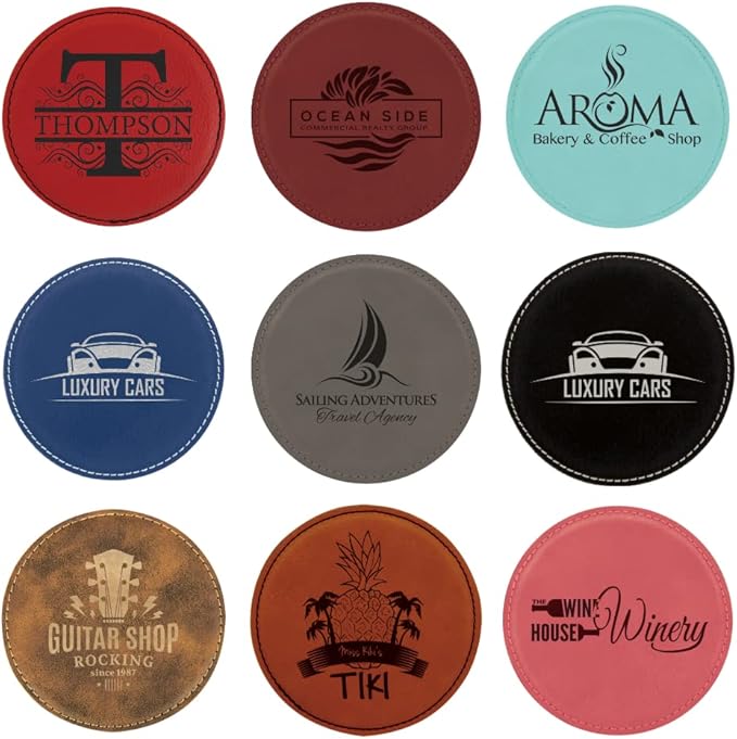 Custom Engraved Coasters | Personalized Leather Coaster | Set of 6 | Drink Coasters with Holder | Laser Engraved | Tabletop Protection | Gift for Couples (Round 4", Black w/Gold)