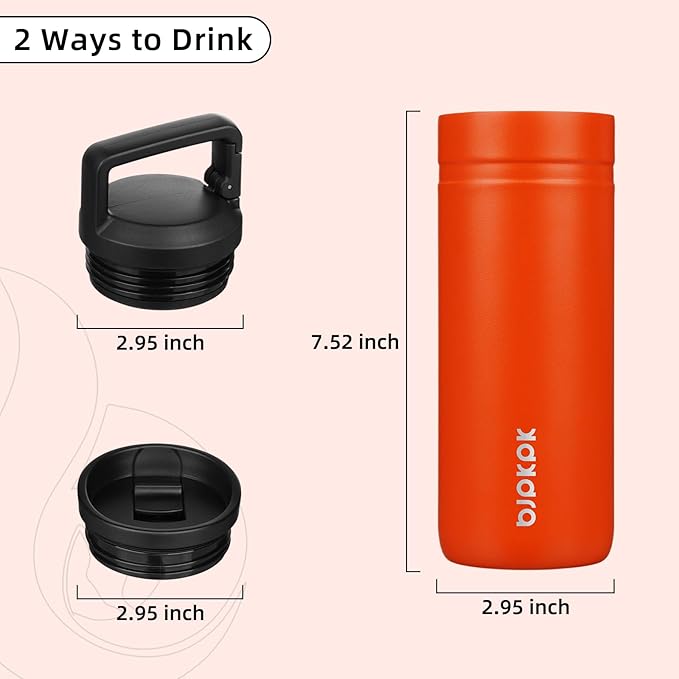 BJPKPK Insulated Water Bottle with 2 Lids,20 oz Double Wall Stainless Steel Vacuum Tumbler Travel Coffee Mug,Wide Mouth Thermal Cup,Orange