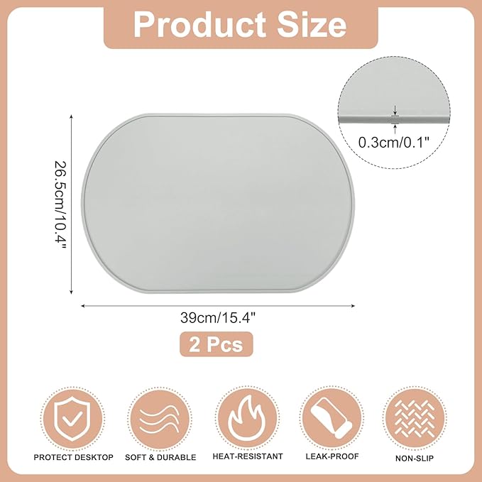 uxcell 2 Pcs Oval Silicone Placemat, 15.4" x 10.4" Non-Slip Washable Table Placemats Heat Resistant Waterproof Mat with High Edge for Table Kitchen Desk Protection, Light Gray