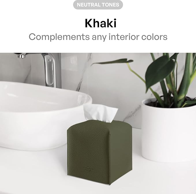 Carrotez Tissue Box Cover, [Refined] Modern PU Leather Square Tissue Box Holder - Decorative Holder/Organizer for Bathroom Vanity Countertop, Night Stands, Office Desk & Car 5"X5"X5" - Khaki