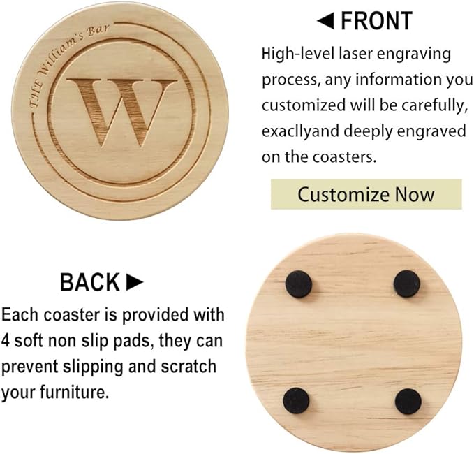 Personalized Wooden Coasters, Custom Engraved Monogram Coasters, Great Gifts for Relatives, Friends or Yourself (Set of 4)