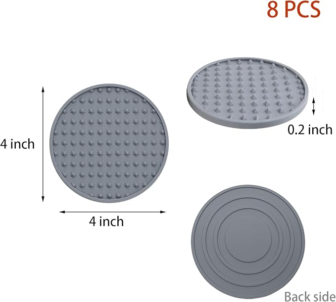 Set of 8 Silicone Coasters, 4'' Drink Coaster with Holder, Round Coasters for Drinks Beer Coffee Home Office Bar Desk Tabletop Protection, Non-Slip Rubber Coaster (Grey, 8 Pcs-Metal Holder)