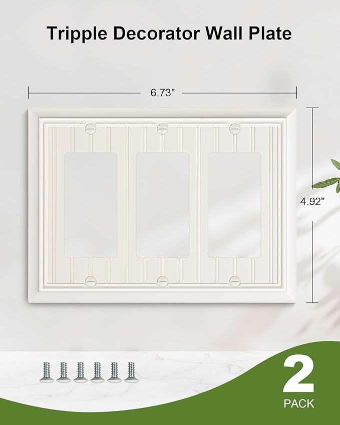 2-Pack Classic Beadboard Decorative Tripple Decorator Outlet Cover Plate, Durable Natural Bamboo Fiber Light Almond Wall Plate for Electrical Outlets, Receptacle, GFCI Outlet, Dimmer Switch, 3-Gang