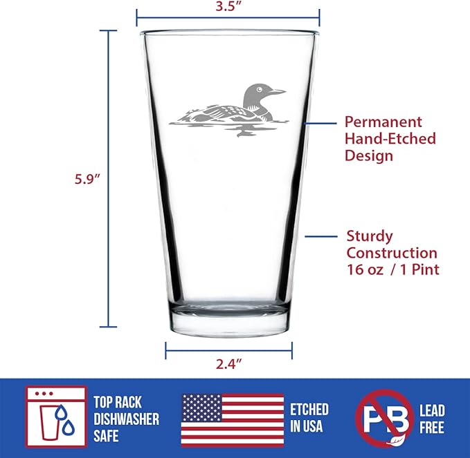 Bevvee Loon Pint Glass for Beer - Fun Bird Themed Gifts and Decor for Men & Women - 16 oz Glasses