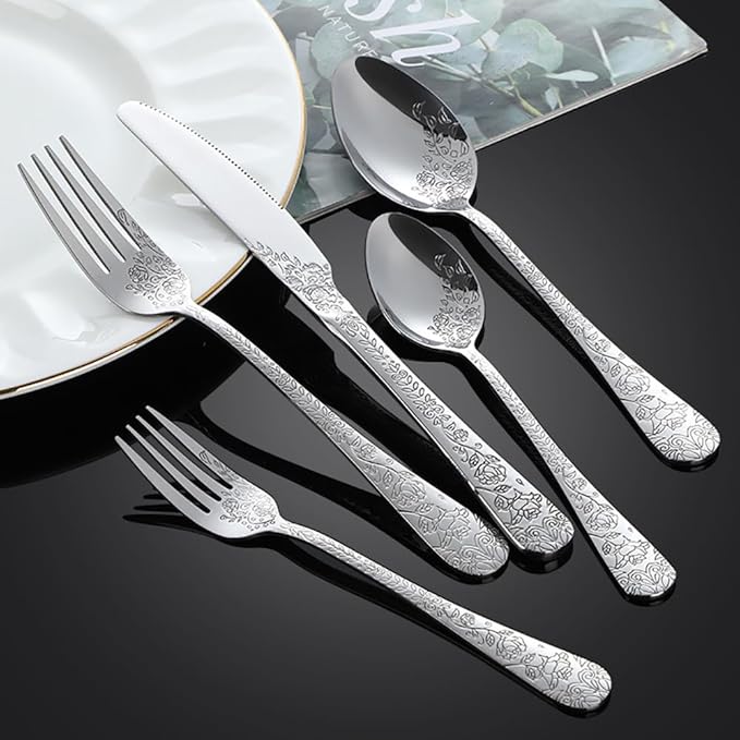 40-piece flowers TWEE Silverware Set for 8, Palace Style Stainless Steel Flatware Cutlery Serving Utensils, Eating Tableware for Home Kitchen Hotel Restaurant, Mirror Polished