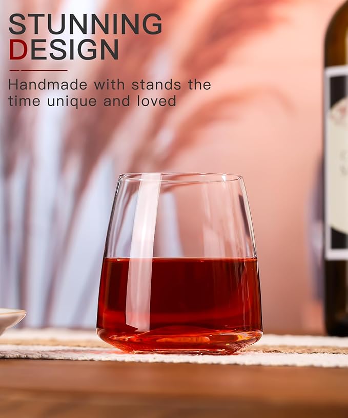Stemless Wine Glasses Set of 4-15 oz Clear-Modern Hand-Blown Wine Glasses, European Design Crystal Glass For Red & White Wine, Unique Gifts for Wedding, Birthday,Valentine's Day