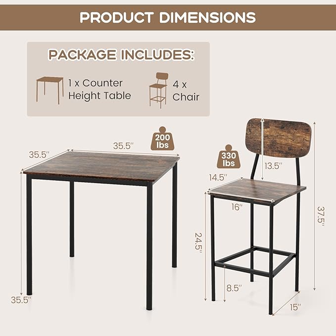 Giantex 5-Piece Dining Table Set W/Counter Height Table & 4 Bar Stools, Industrial Kitchen Dining Set W/Footrest & Backrest, Space-Saving Dinette Set for Pub, Dining Room, Restaurant (Mix Brown)