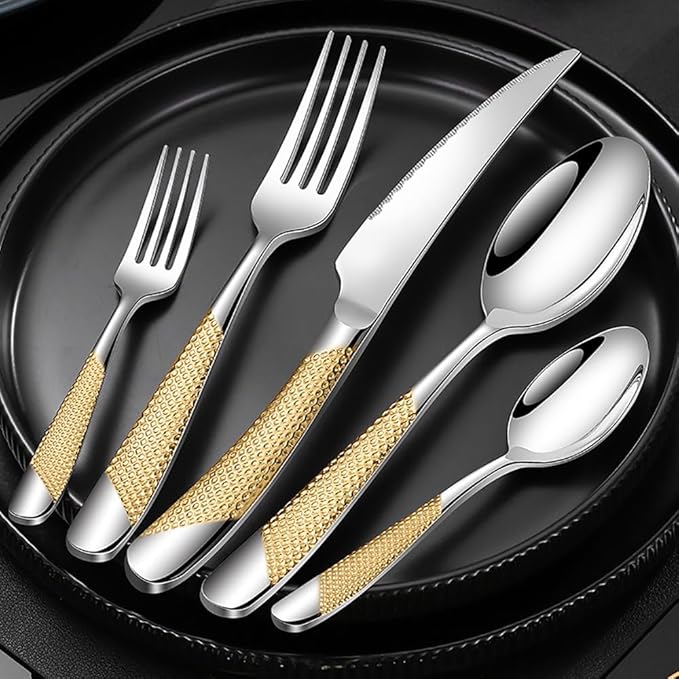 40-piece Luxury Gold-plated TWEE Silverware Set for 8 Palace Style Stainless Steel Flatware Cutlery Serving Utensils Eating Tableware for Home Kitchen Hotel Restaurant Mirror Polished