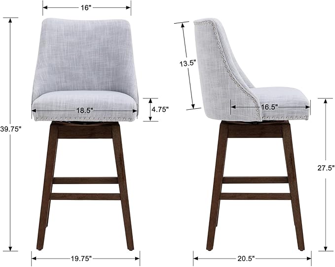 27.5" Counter Height Bar Stools Set of 2, Linen Fabric Mid Century Modern Swivel Barstool with Back & Wood Legs Comfy Upholstered Counter Chairs for Home Bar/Dining Room/Restaurant, Grey
