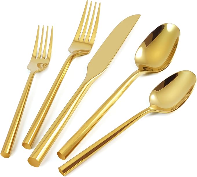 Silverware Set 60-Piece Stainless Steel Cutlery, Mirror Polishing Utensils, Gold Hexagon Flatware Sets, Service for 12