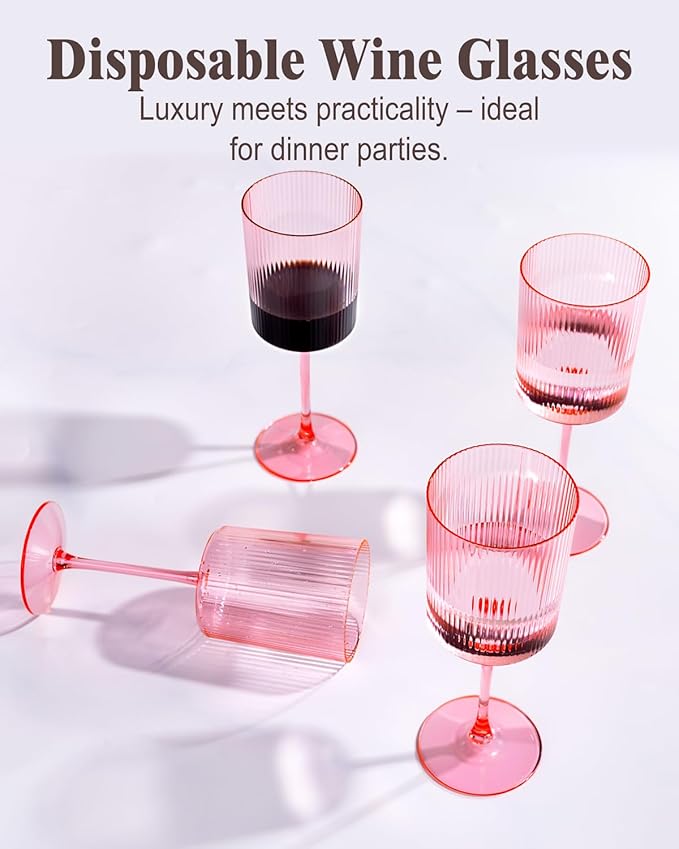 Ciaell 12 PCS Pink Plastic Ribbed Wine Glasses - 10 OZ Plastic Square Wine Glasses with Stem - Disposable Champagne Cups for Parties & Weddings & Valentine's Day