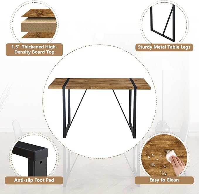Dining Table Set for 4, Modern 55'' Dark Wood Dining Table wth Fabric Dining Chairs 4,Table and Chairs Set of 4,Ideal for Kitchen Dining Room