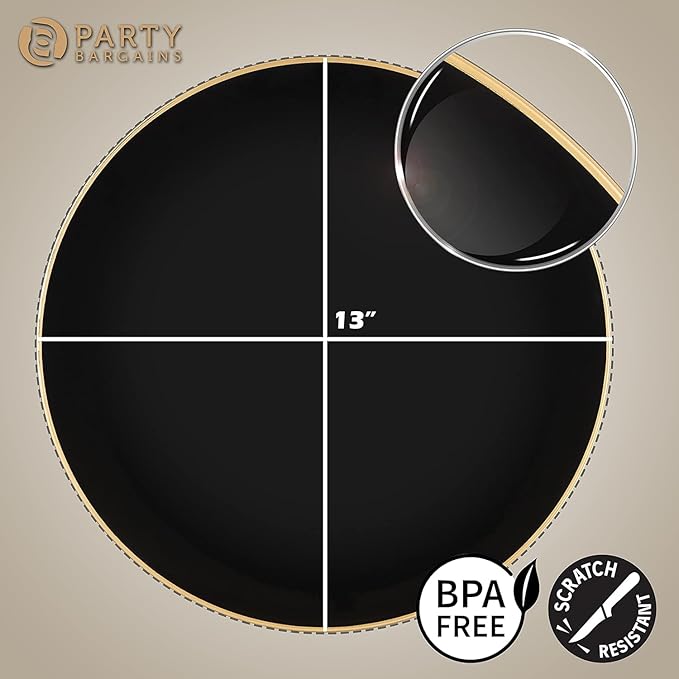 PARTY BARGAINS 13-Inch Charger Plates - 4 Pack, Organic Collection Black Gold Rim, Heavy-Duty Disposable Chargers for Elegant Dining - Ideal for Weddings and Formal Events