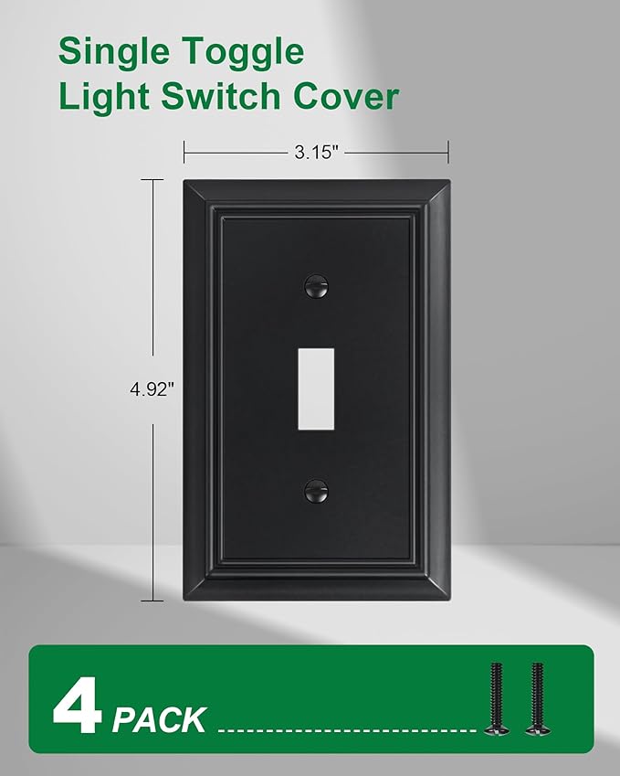 4-Pack Single Toggle Light Switch Cover Plate, Durable Natural Bamboo Fiber Decorative Switch Plate Covers, Matte Black 1 Gang Wall Plate, Corrosion Resistant