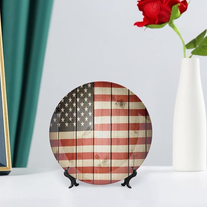 Ceramic Display Plate, American Flag Decor Ceramic Hanging Decorative Plate, USA Flag Over Vertical Striped Wooden Board, 10 Inch, Living Room Kitchen Decoration Household, Blue Red