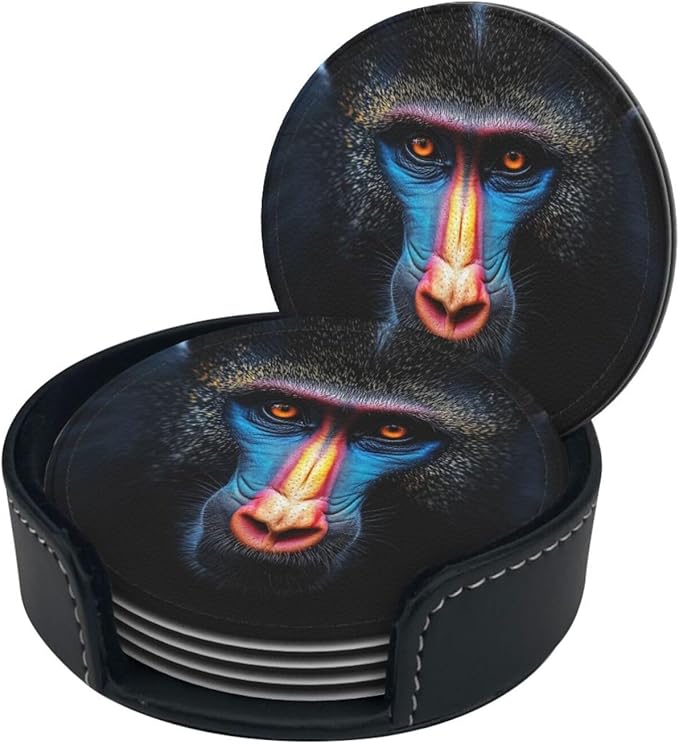Mandrill face Printed Leather Coasters for Drinks, Set of 6 Drink Coaster Dining Room Decor Cup Coasters