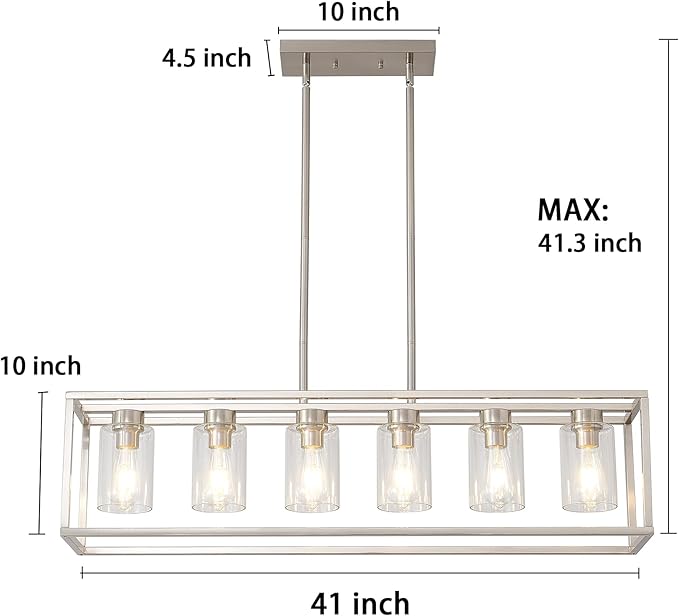 XILICON Dining Rooms Brushed Nickel Chandeliers,Kitchen Island Farmhouse Lighting Fixture Industrial Rustic Ceiling Hanging 6 Light Modern Pendant Light with Glass Shade