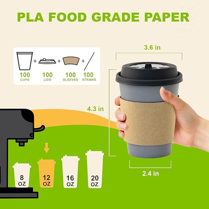 100 Pack 12 oz Disposable Coffee Cups with Lids and Sleeves, Leak-Proof To Go Coffee Cups, PLA Paper Coffee Cups for Hot Beverage