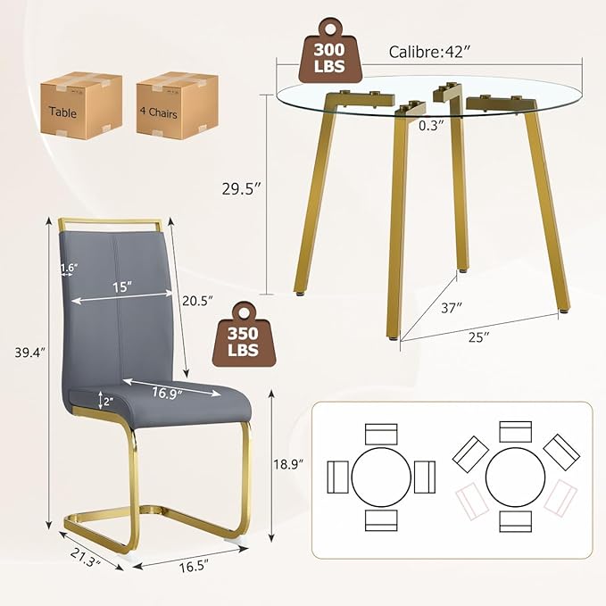 42" Round Glass Dining Table Set for 4,Modern Breakfast Table Set for 4 with Luxury Gold Chrome Legs,Space Saving Kitchen Table and Grey Chairs for Apartment,Easy Assembly