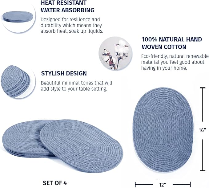 Braided Placemats Set of 6, Cotton Fabric Oval Table Mats Non Slip Washable 16 * 12 inch Oval Place Mats, 6 Pack Grey Woven Placemats