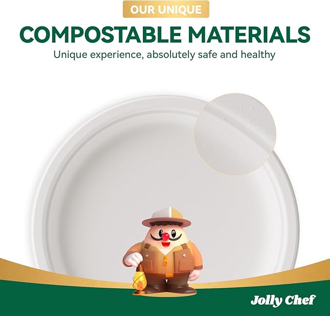 JOLLY CHEF Compostable Heavy Duty Plates 9 Inch [300 Pack] Eco-Friendly Disposable White Paper Plates Bagasse Biodegradable Sugarcane Bulk for Party Dinner Lunch Hot Cold Foods Christmas