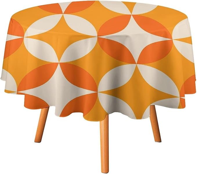 Retro Mid Century Round Tablecloth, Abstract Geometric Mid Century Colorful Pattern Print Tablecloth for Home Party Dining Room Kitchen Decor 60Inch(152cm)