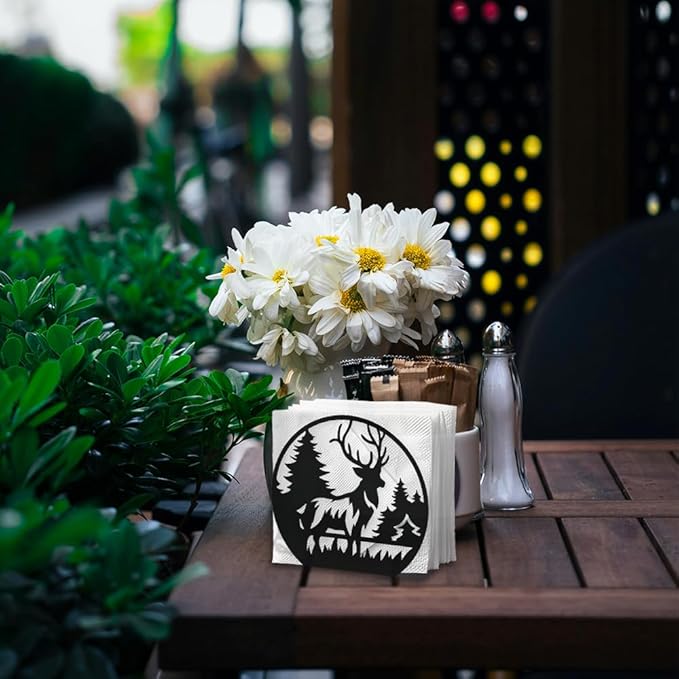Deer Forests Decorative Black Metal Napkin Holder for Table, 5.3" x 4.8" x 2" Forest Animal Tree Standing Napkin Holder for Home Kitchen Restaurant Picnic Party Coffee Bar Dining Room