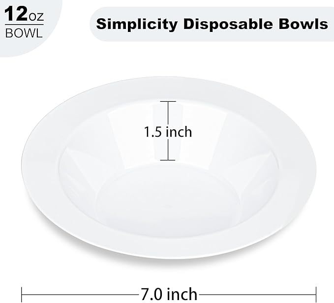 BESTVIP 100 Pack 12 oz White Plastic Bowls, Disposable Soup Bowls, Heavy-duty Dessert Salad Bowl for Christmas, Party, Wedding, Dinner, Catering