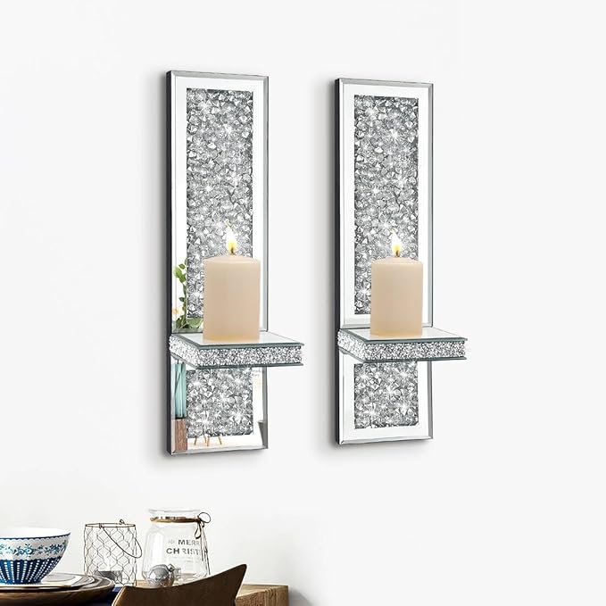 Pibeyer Crystal Crush Diamond Wall Candle Holder Set of 2, Silver Mirrored Candle Sconces, Home Wall Decoration for Living Room,Dining Room & Bedroom
