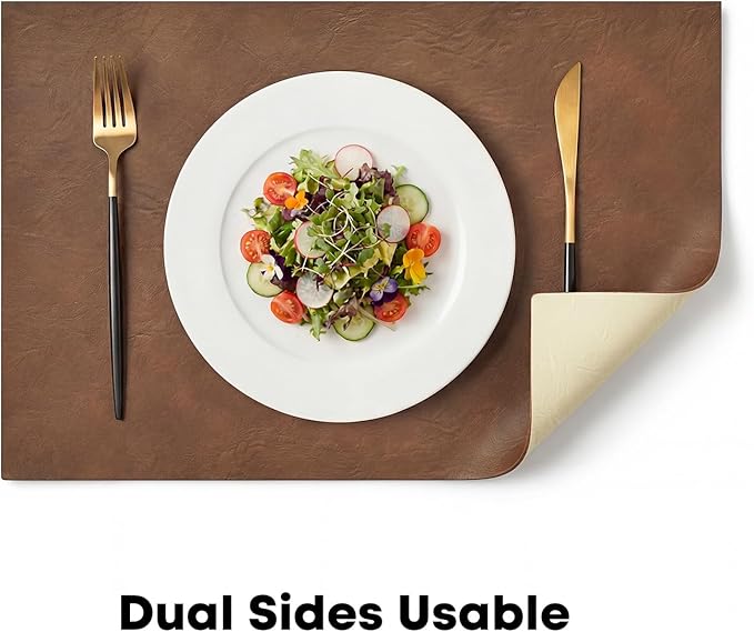 Artoid Mode Brown Faux Leather Placemats Set of 4, 12x18 Inch Waterproof Wipeable Heat Resistant Vinyl Place Mats, Reversible Table Mats for Kitchen Dining Decor