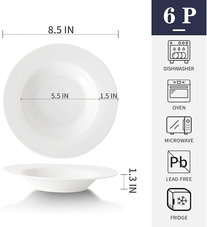 8.5 Inch Ceramic Soup Plate Set of 6, 8 Ounces Wide Rimmed Porcelain Soup Bowl, White Pasta Plates for Salad, Appetizer, Snack, Pizza, Microwave and Dishwasher Safe