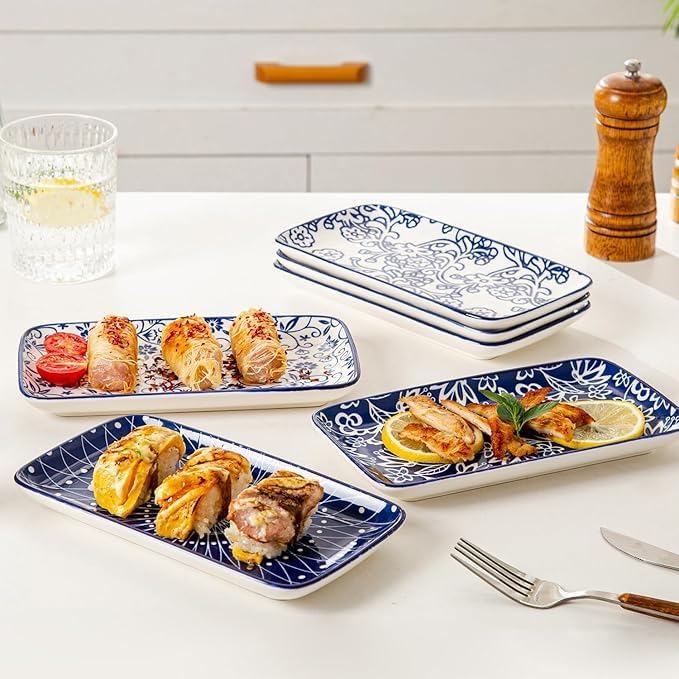 Ceramic Rectangle Salad Plates Set - 8.1" x 4.5" Rectangular Serving Platter - Serving Trays for Sushi Dinner Dessert Pasta Appetizer - Oven Microwave Dishwasher Safe - Set of 6 - Vintage Blue