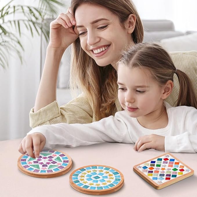 Adboros 10 Sets DIY Glass Mosaic Tiles for Crafts Mixed Color Mosaic Kits with Wooden Coaster for Adults Bamboo Coaster for Drinks Tray Handmade Home Decoration
