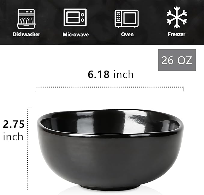 vicrays Ceramic Cereal Bowls Set - Porcelain 26 Ounce Soup Salad Bowls Set - Rice Dessert Cream Bowls Set - Chip Resistant Dishwasher Microwave Safe - Set of 6 (Black)