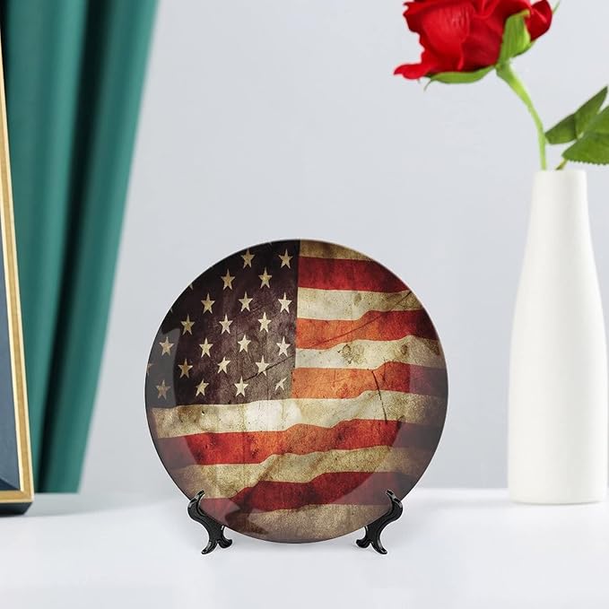 Decorative Plates, American Flag Print Ornament, Grunge Look Patriotic, 6 Inch, Kitchen Wall Decor, Multicolor