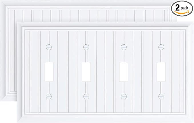 2-Pack Classic Beadboard Quad Toggle Light Switch Cover Plate, Pure White Decorative Switch Plate Covers, Natural Bamboo Fiber 4 Gang Wall Plate for Toggle Light Switch and Rotary Dimmer Switch