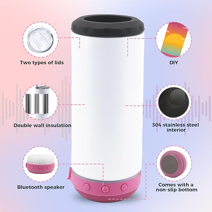 16oz 4pack Musical Speaker Insulated Mug, Straight Musical Mug with Straw, Lid, Reusable Travel Coffee Mug for Men and Women