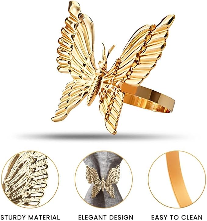 Decozen Set of 16 Gold Napkin Rings in Butterfly Design Festive Table Decor Setting for Holiday Wedding, Birthday, Kitchen, Home Decor Housewarming Gift - Mothers Day Decorations