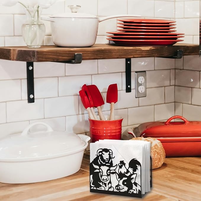 Farm Animals Decorative Black Metal Napkin Holder for Table, 5.3" x 4.5" x 2" Pig Sheep Chickens Cow Standing Napkin Holder for Home Kitchen Restaurant Picnic Party Coffee Bar Dining Room