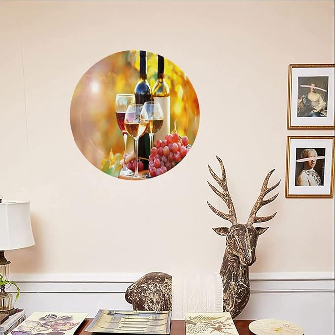 Decorative Plates, Wine Print Ornament, Tasty Wine on Wooden Barrel on Grape Plantation, 6 Inch, 1 Plate with 1 Display Stand, Orange Red Black