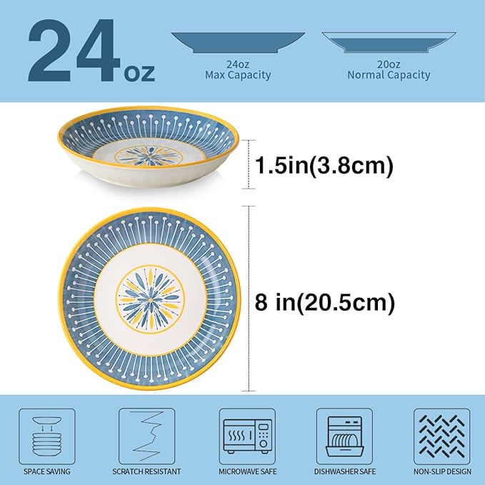 Yeacccng Pasta Bowls Set of 8, 24 Oz Ceramic Salad Bowls, 8 Inch Shallow Serving Bowls for Pasta, Salad, Oatmeal, Fruit, Easy to Clean, Dishwasher & Microwave Safe, Scratch-Resistant, Lead-Free