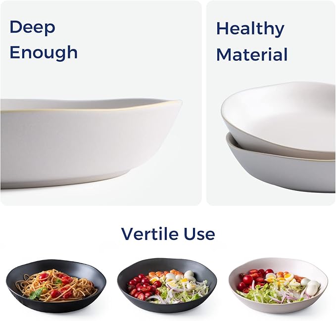 AmorArc 9.75'' Large Ceramic Pasta Bowls, 38oz Stoneware Wide Serving Bowls Set of 6 for Kitchen, Oven, Microwave&Dishwasher Safe Bowls with Wavy Rim for Fruit Pasta Salad Meal, Matte White
